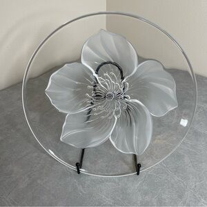 Vintage 80s Sasaki Centerpiece Bowl Frosted Hibiscus Blossom on Clear Crystal